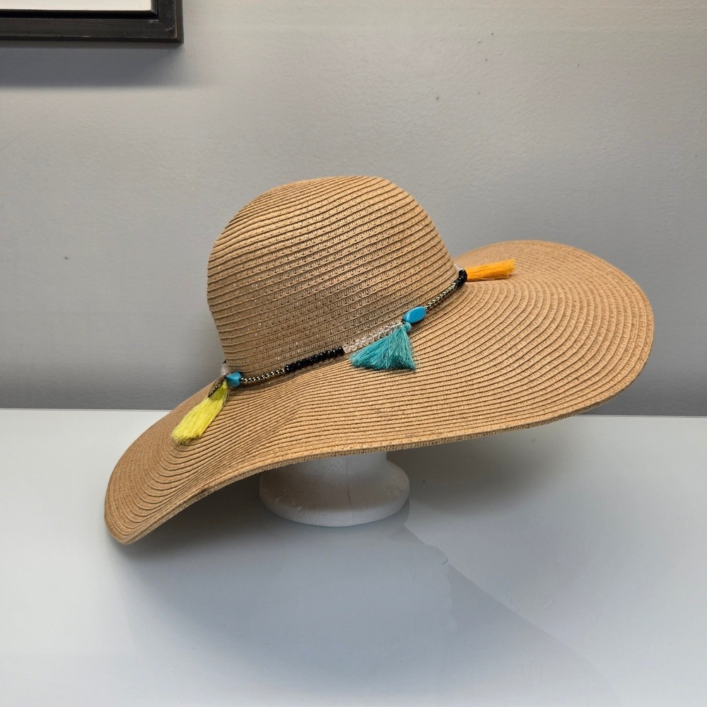 Magid Hats Wide Brim Sun Hat OS Paper Straw Floppy Boho Tassel Beach Resort Wear - Picture 2 of 11